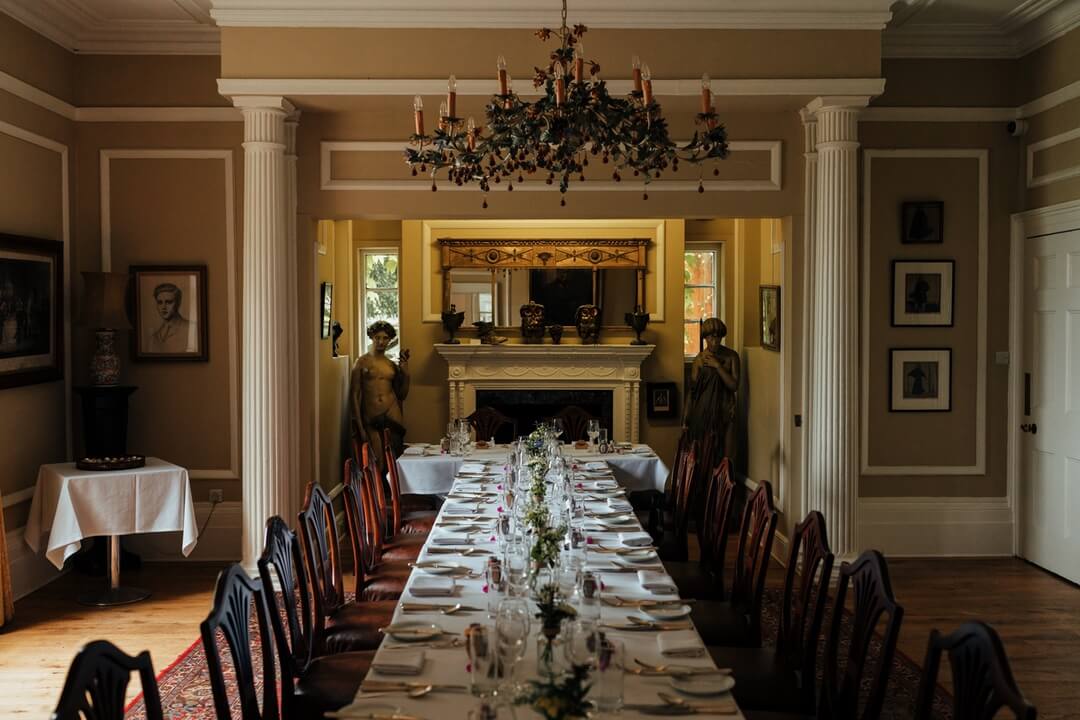 Dining room at Langar Hall prepared for a wedding 