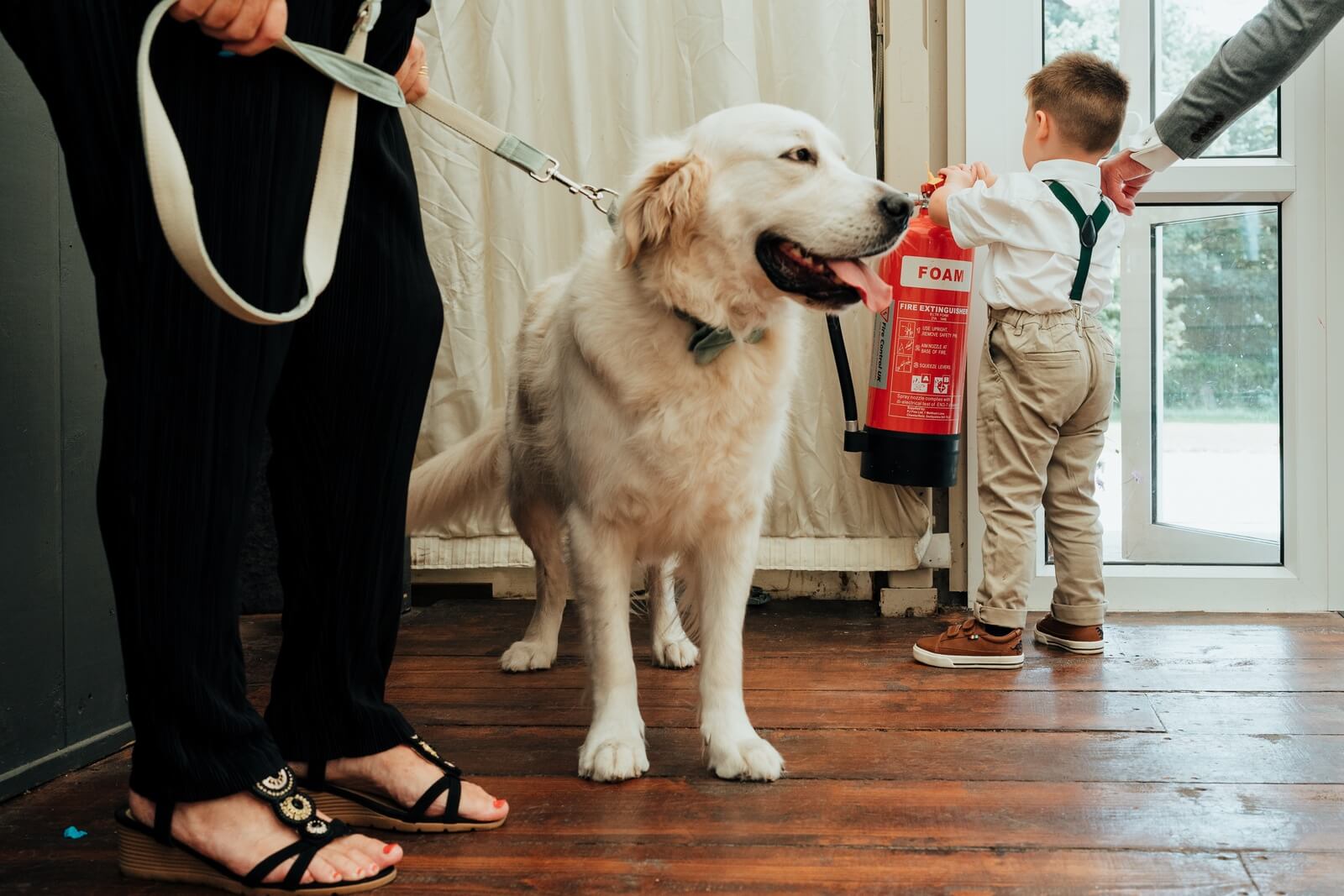Child grabs fire extinguisher at walled garden wedding