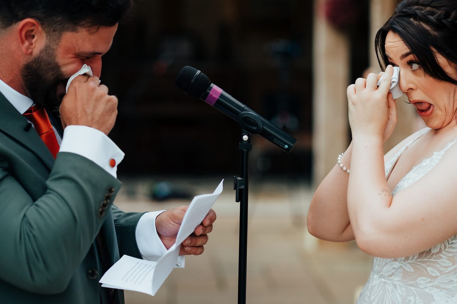 Bride and groom crying during Molecey Mill Wedding ceremony by Molecey Mill Wedding Photographer, Nathan Walker 