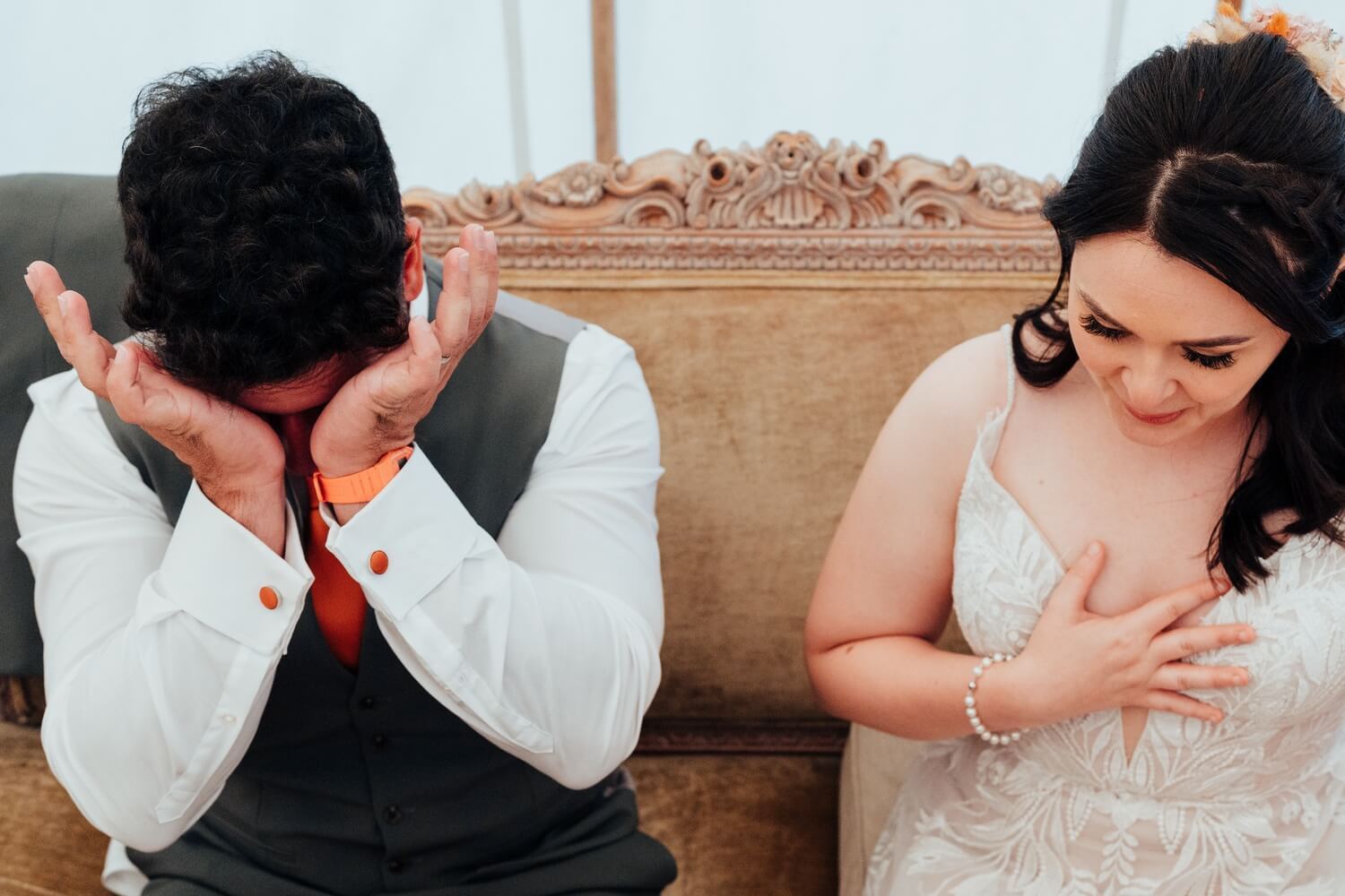 Bride and Groom crying during speeches Molecey Mill.