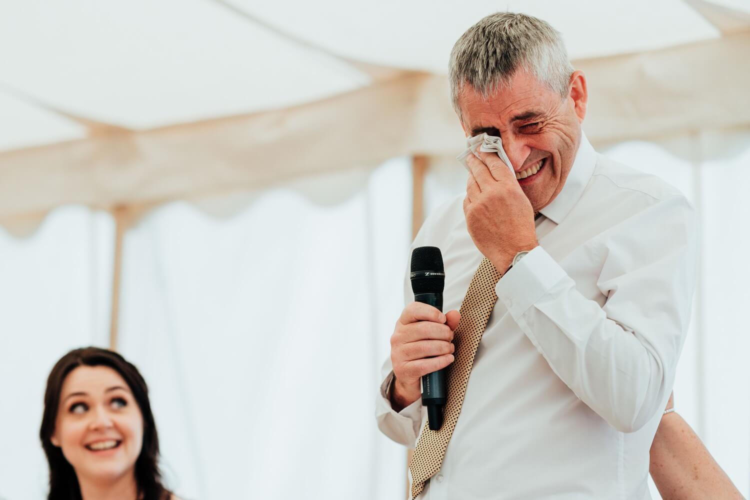 Father of the bride crying during speeches Molecey Mill